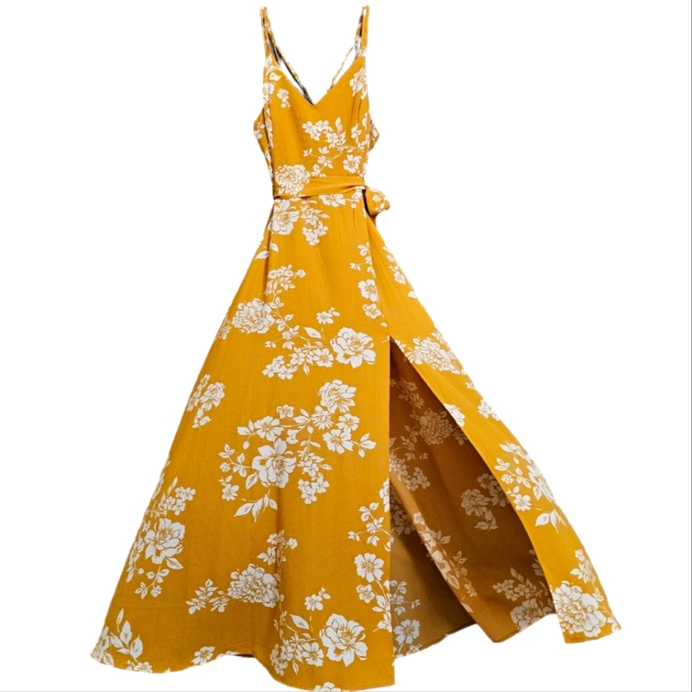 Premier Armour Nwt Mustard/White Crepe Floral Strapy Front Slit Maxidress